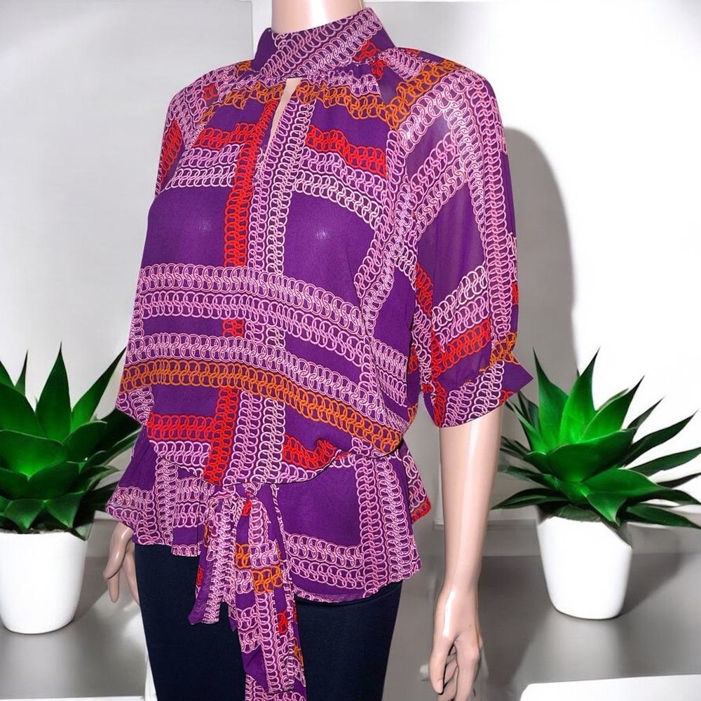 New York & Company Printed Dolman-Sleeve Keyhole Neck Waist Tie Blouse - Picture 11 of 15